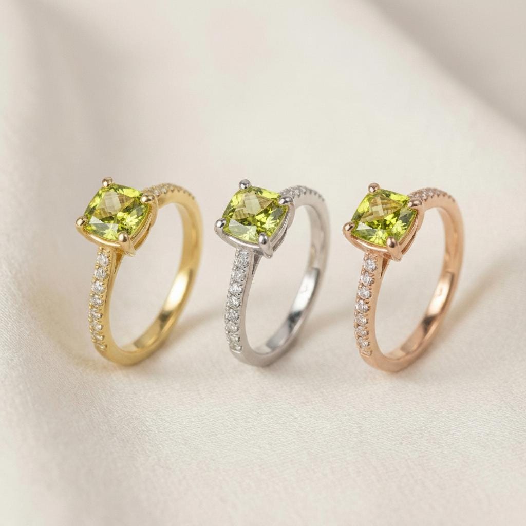 Graduation Gift - 6.0mm Cushion Cut Peridot Ring, August Birthstone Jewelry, Sterling Silver Engagement Ring, Green Gemstone Ring for Women