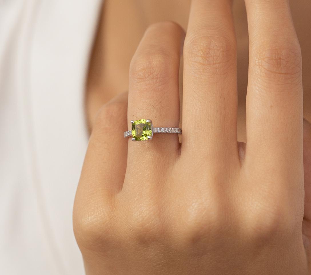 Graduation Gift - 6.0mm Cushion Cut Peridot Ring, August Birthstone Jewelry, Sterling Silver Engagement Ring, Green Gemstone Ring for Women