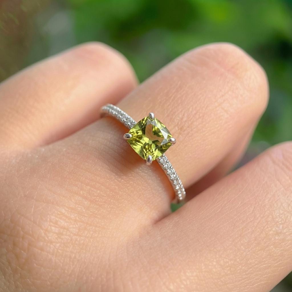 Graduation Gift - 6.0mm Cushion Cut Peridot Ring, August Birthstone Jewelry, Sterling Silver Engagement Ring, Green Gemstone Ring for Women