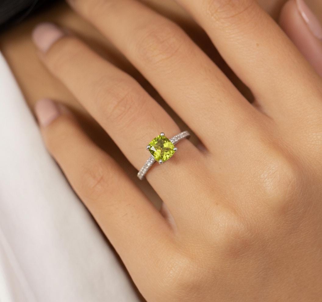 Graduation Gift - 6.0mm Cushion Cut Peridot Ring, August Birthstone Jewelry, Sterling Silver Engagement Ring, Green Gemstone Ring for Women