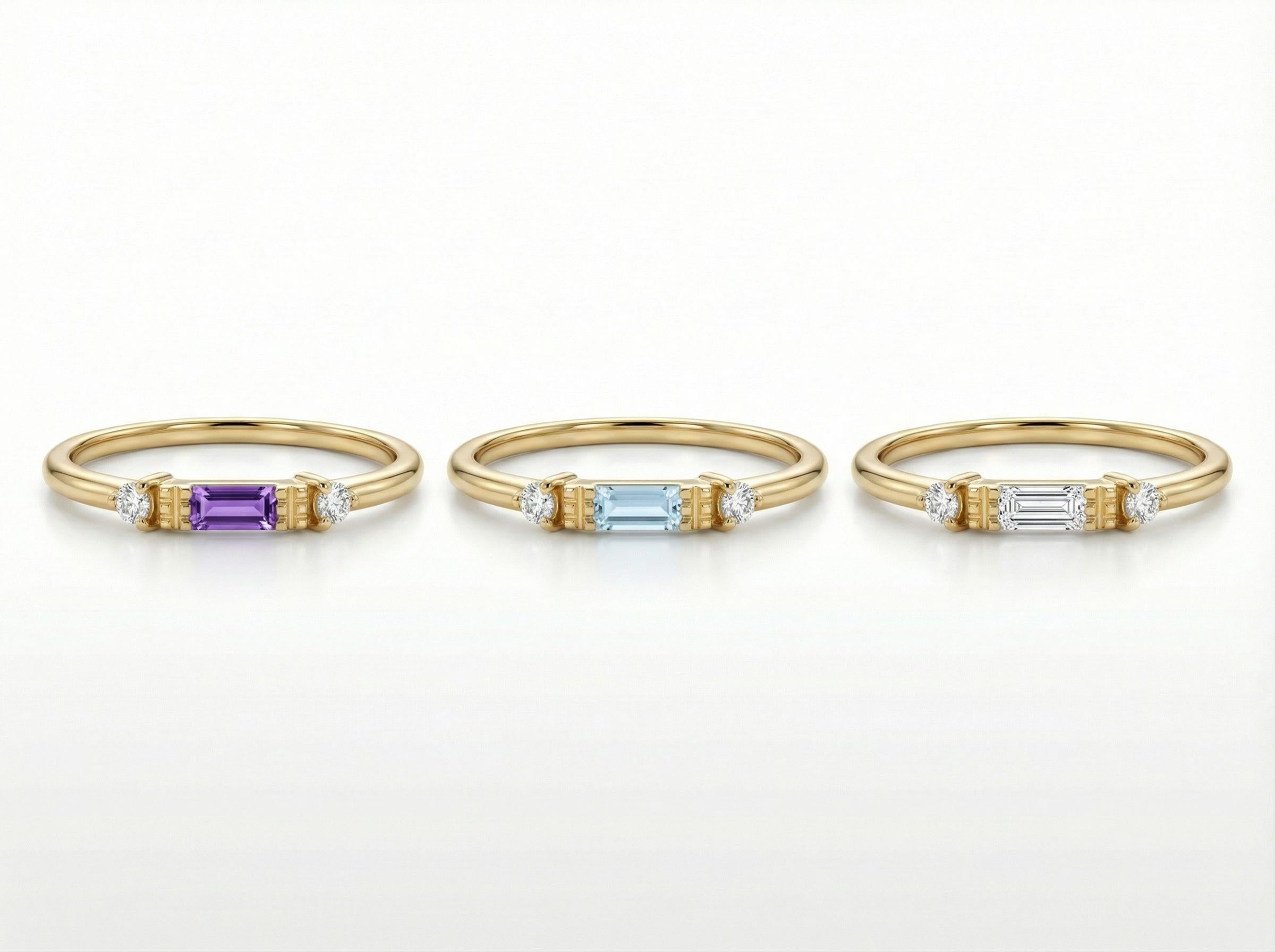 Personalized Valentine Gift Customize Birthstone Ring in Yellow Gold | Sapphire and Diamond Minimalist Promise Ring | Romantic Gift for Her
