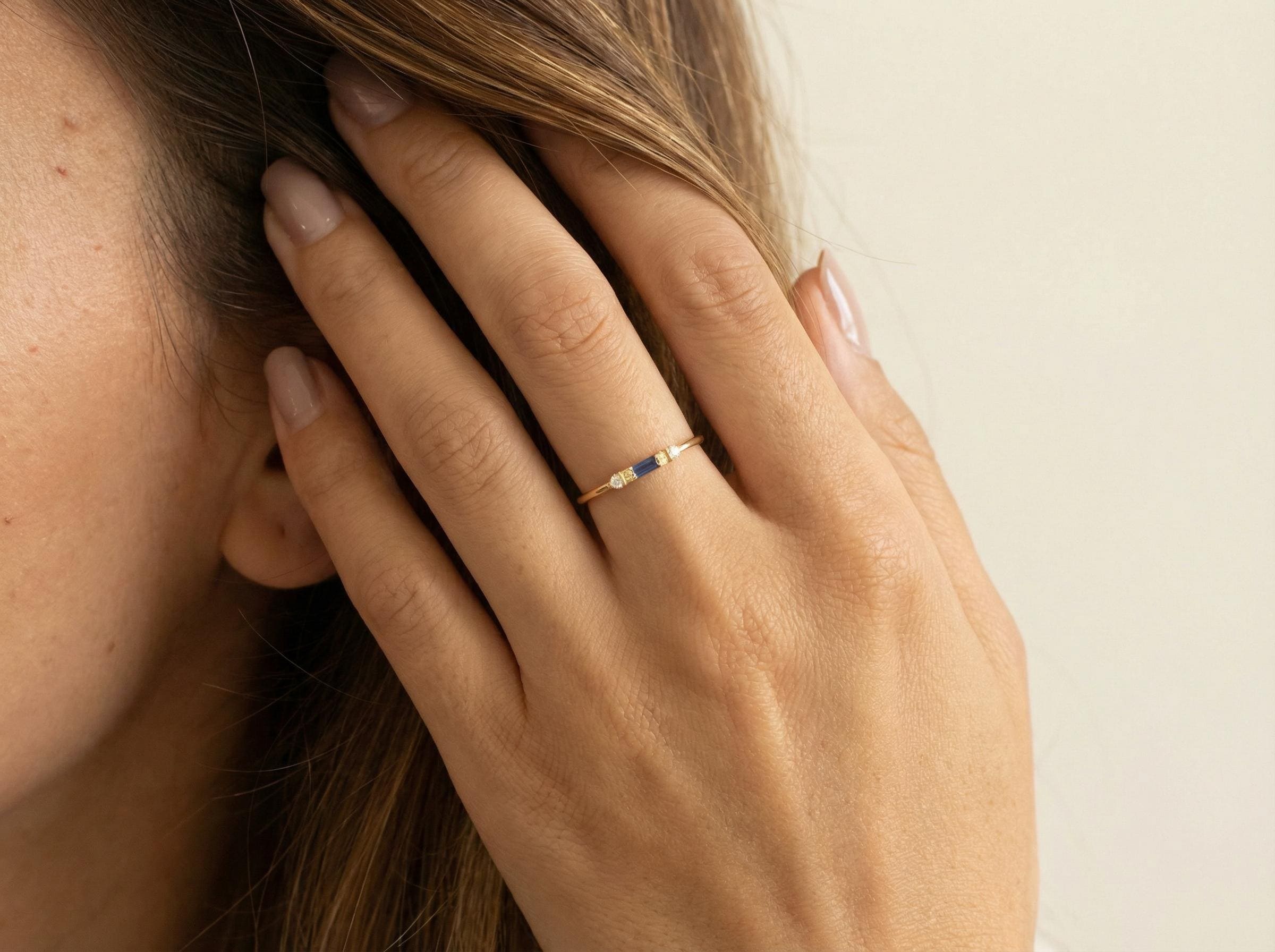 Personalized Valentine Gift Customize Birthstone Ring in Yellow Gold | Sapphire and Diamond Minimalist Promise Ring | Romantic Gift for Her