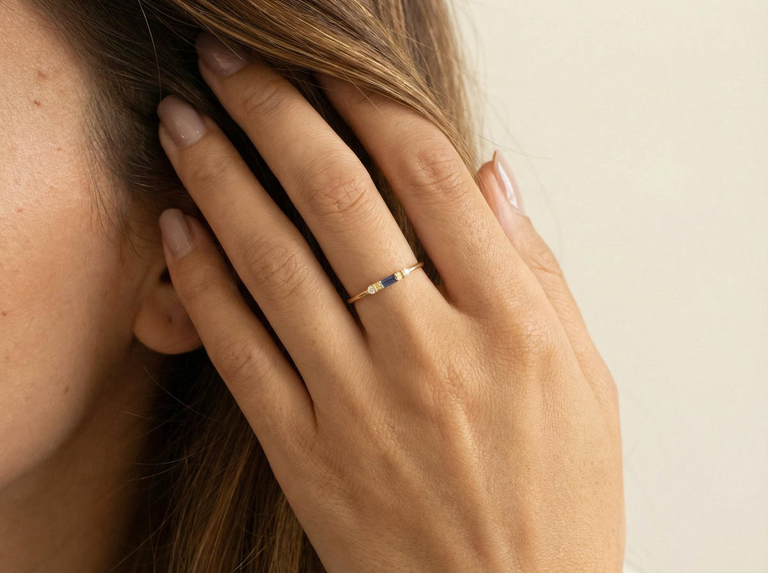 Personalized Valentine Gift Customize Birthstone Ring in Yellow Gold | Sapphire and Diamond Minimalist Promise Ring | Romantic Gift for Her