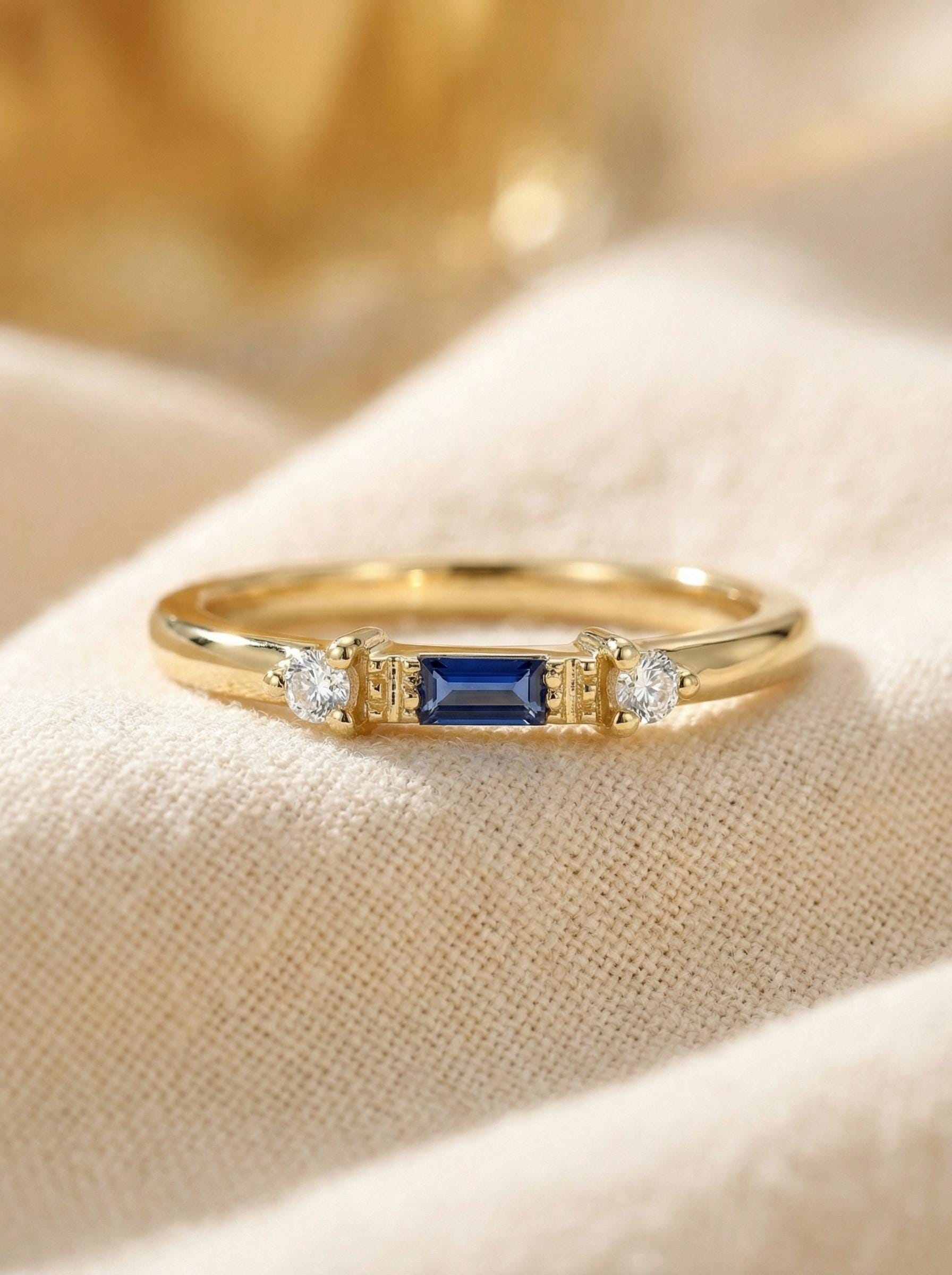 Baguette Sapphire Ring / September Birthstone / Stacking Sapphire and Diamond Ring / Minimalist Ring / In Stock