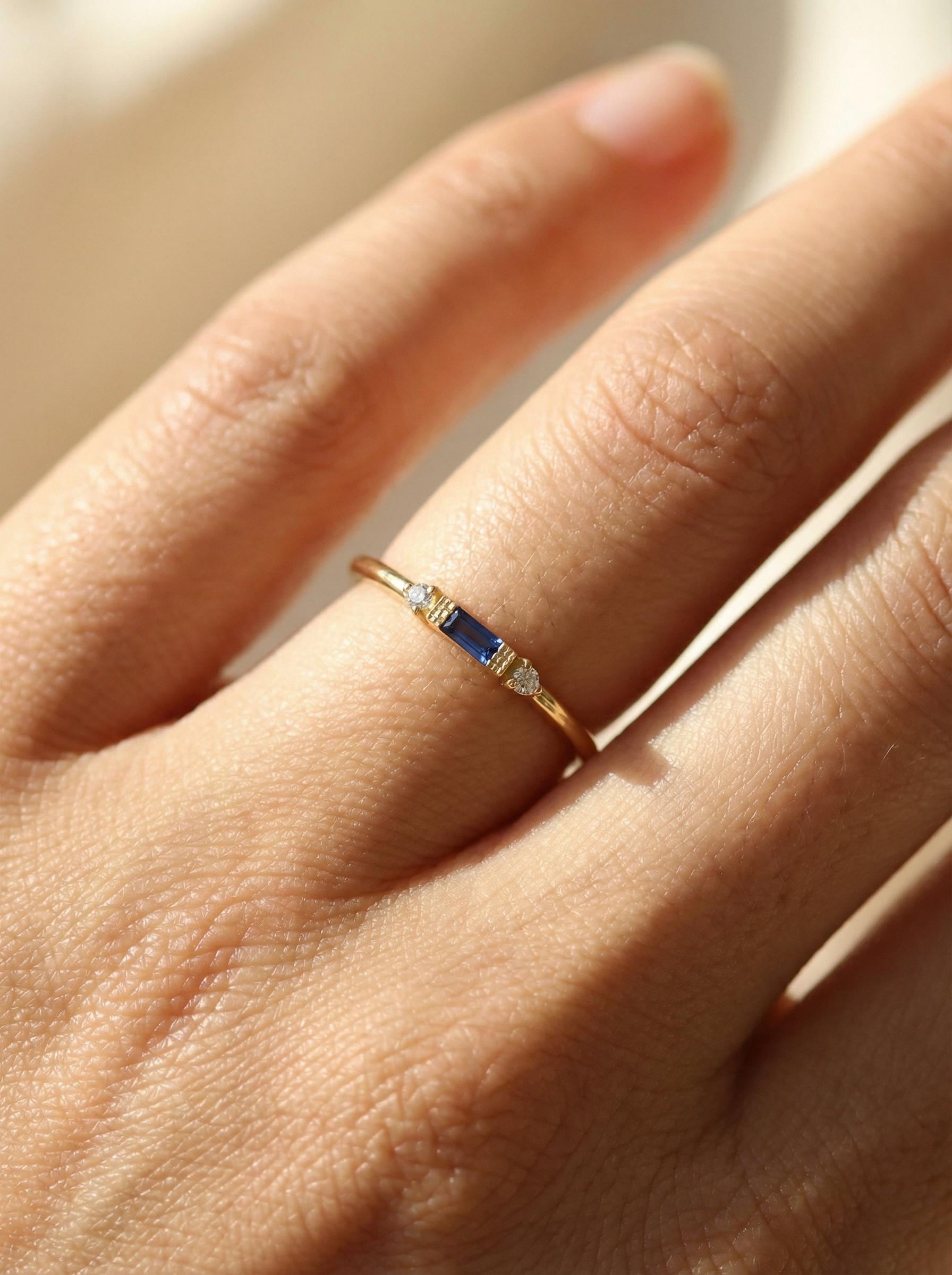 Baguette Sapphire Ring / September Birthstone / Stacking Sapphire and Diamond Ring / Minimalist Ring / In Stock