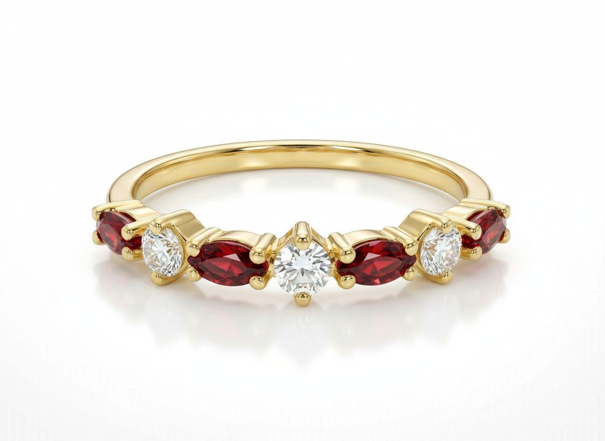 Red Garnet Marquise Wedding Ring, January Birthstone Ring, 18K Gold Half Eternity Wedding Band, Red Gemstone Band Gift for Her