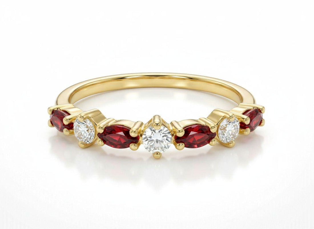 Red Garnet Marquise Wedding Ring, January Birthstone Ring, 18K Gold Half Eternity Wedding Band, Red Gemstone Band Gift for Her