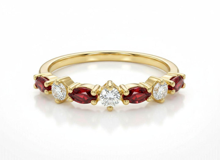 Red Garnet Marquise Wedding Ring, January Birthstone Ring, 18K Gold Half Eternity Wedding Band, Red Gemstone Band Gift for Her