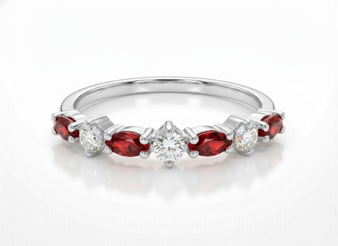 Red Garnet Marquise Wedding Ring, January Birthstone Ring, 18K Gold Half Eternity Wedding Band, Red Gemstone Band Gift for Her