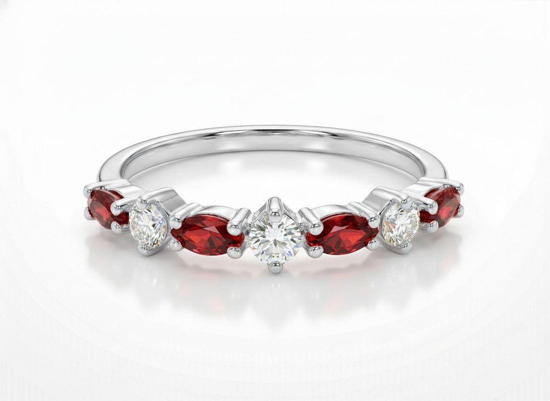 Red Garnet Marquise Wedding Ring, January Birthstone Ring, 18K Gold Half Eternity Wedding Band, Red Gemstone Band Gift for Her