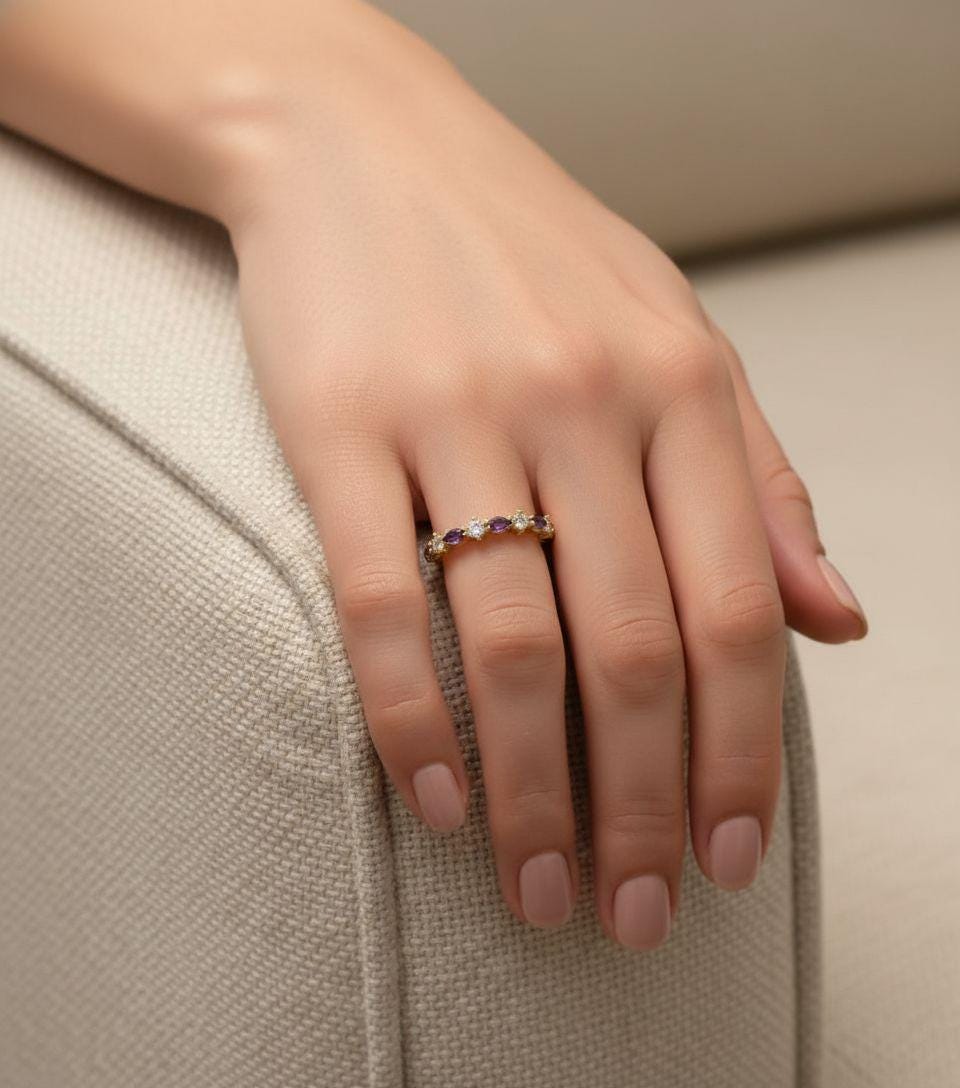 Amethyst Wedding Band Vintage Style Alternating Marquise and Round Ring Art Deco Purple Gemstone Stacking Band February Birthstone