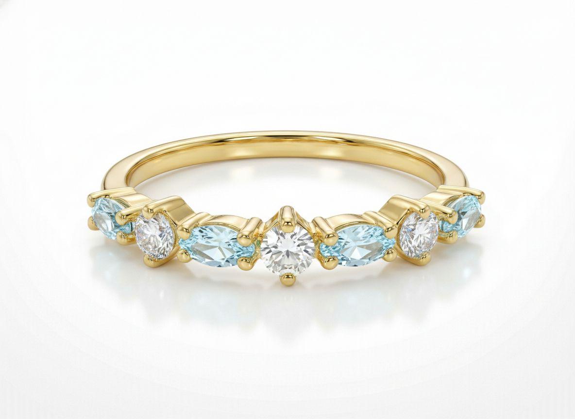 Aquamarine Wedding Band Art Deco Marquise Ring Light Blue March Birthstone Anniversary Ring Alternating Stone Stacking Band Custom Jewelry