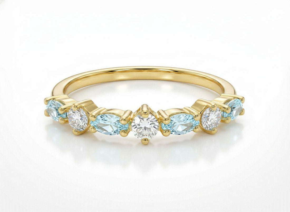 Aquamarine Wedding Band Art Deco Marquise Ring Light Blue March Birthstone Anniversary Ring Alternating Stone Stacking Band Custom Jewelry