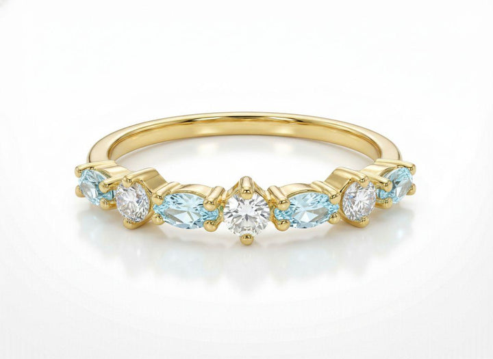 Aquamarine Wedding Band Art Deco Marquise Ring Light Blue March Birthstone Anniversary Ring Alternating Stone Stacking Band Custom Jewelry