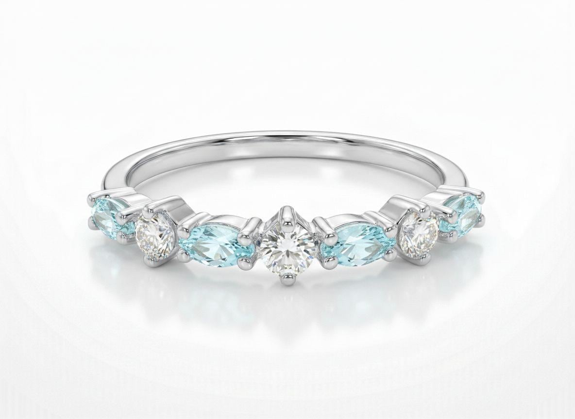 Aquamarine Wedding Band Art Deco Marquise Ring Light Blue March Birthstone Anniversary Ring Alternating Stone Stacking Band Custom Jewelry