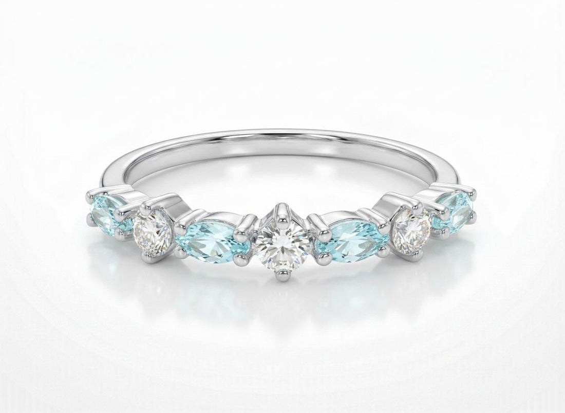 Aquamarine Wedding Band Art Deco Marquise Ring Light Blue March Birthstone Anniversary Ring Alternating Stone Stacking Band Custom Jewelry