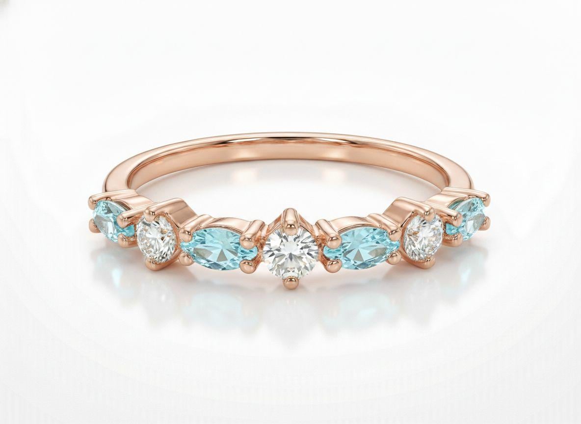 Aquamarine Wedding Band Art Deco Marquise Ring Light Blue March Birthstone Anniversary Ring Alternating Stone Stacking Band Custom Jewelry