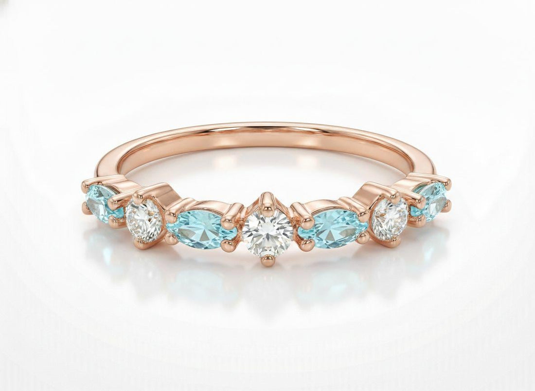 Aquamarine Wedding Band Art Deco Marquise Ring Light Blue March Birthstone Anniversary Ring Alternating Stone Stacking Band Custom Jewelry