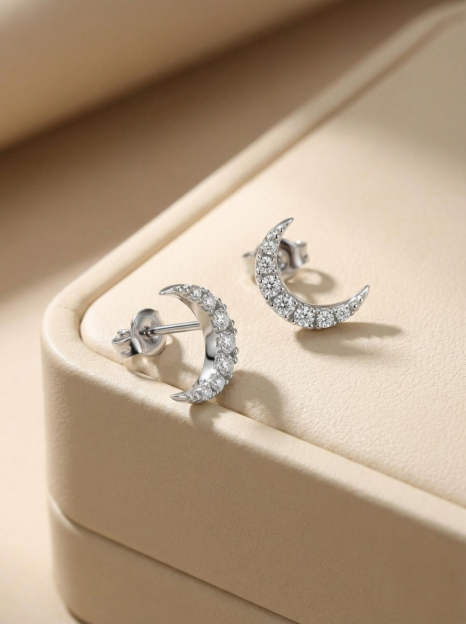 Minimalist Moon Earrings / Moon Stud Earrings / Diamonds Moon Earrings Gift for Her / Diamond Earrings / Holiday Gift for Her