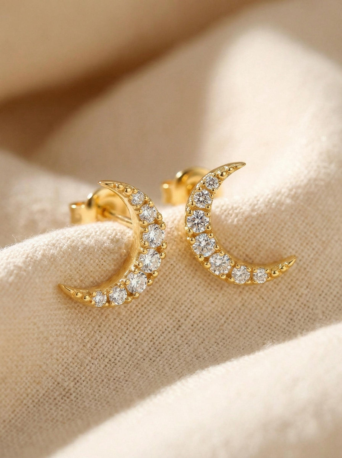 Minimalist Moon Earrings / Moon Stud Earrings / Diamonds Moon Earrings Gift for Her / Diamond Earrings / Holiday Gift for Her