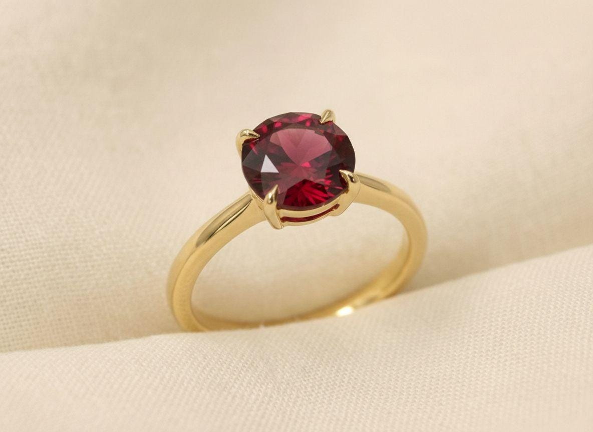 Garnet Solitaire Ring, 8mm Round Engagement Ring, January Birthstone Promise Ring