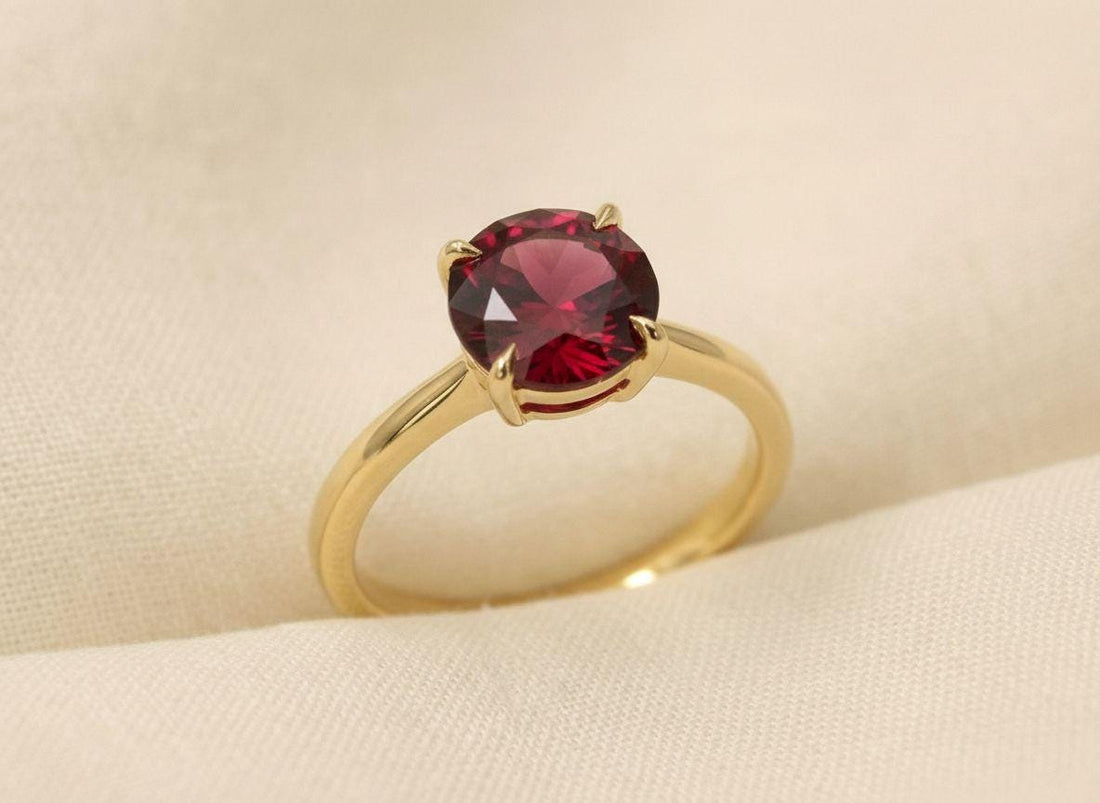 Garnet Solitaire Ring, 8mm Round Engagement Ring, January Birthstone Promise Ring