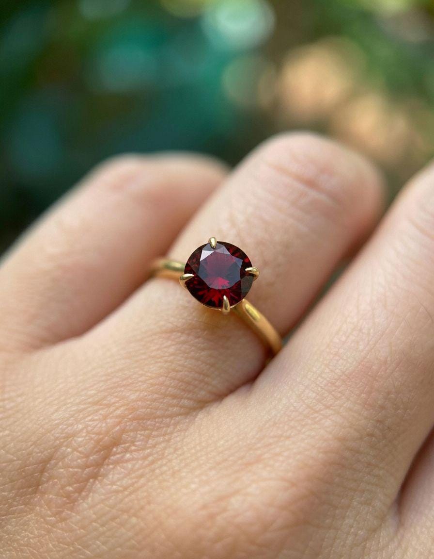 Garnet Solitaire Ring, 8mm Round Engagement Ring, January Birthstone Promise Ring
