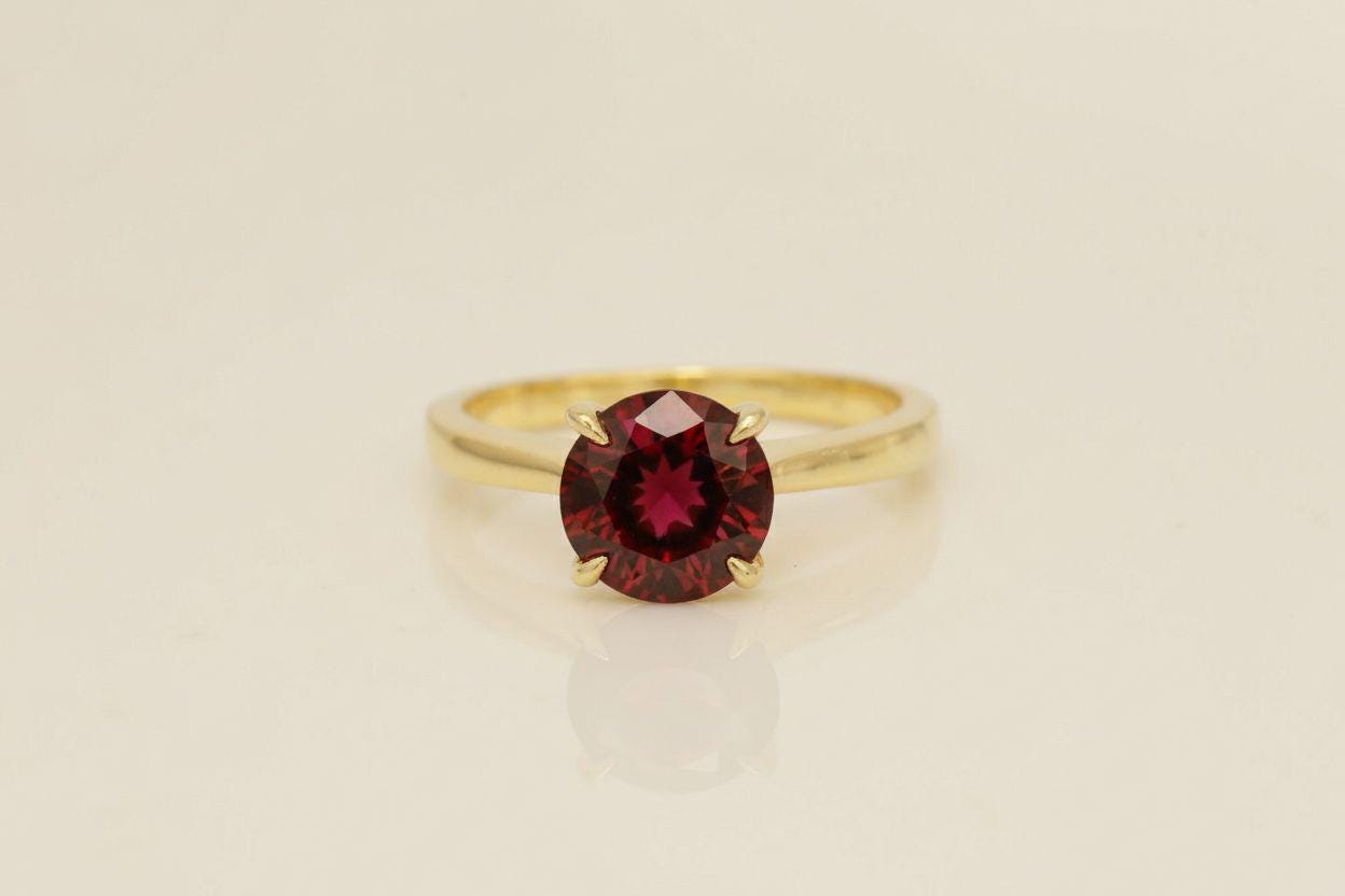 Garnet Solitaire Ring, 8mm Round Engagement Ring, January Birthstone Promise Ring