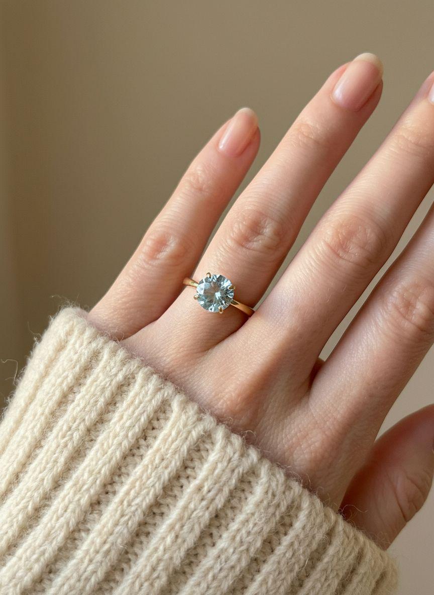 Aquamarine Solitaire Engagement Ring 8mm Round Cut Promise Ring Light Blue Gemstone Custom Ring March Birthstone