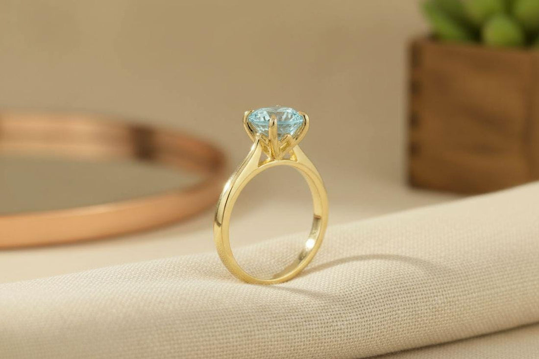Aquamarine Solitaire Engagement Ring 8mm Round Cut Promise Ring Light Blue Gemstone Custom Ring March Birthstone
