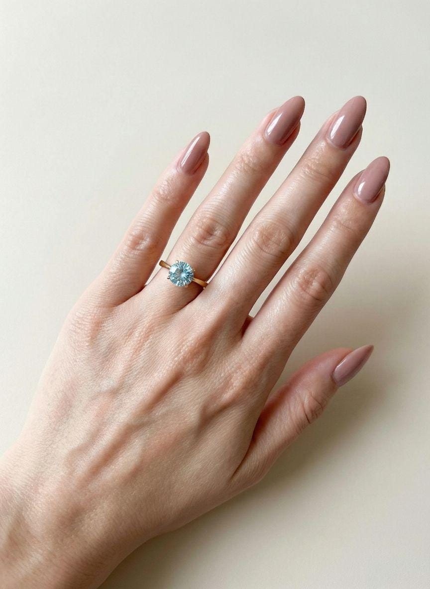 Aquamarine Solitaire Engagement Ring 8mm Round Cut Promise Ring Light Blue Gemstone Custom Ring March Birthstone