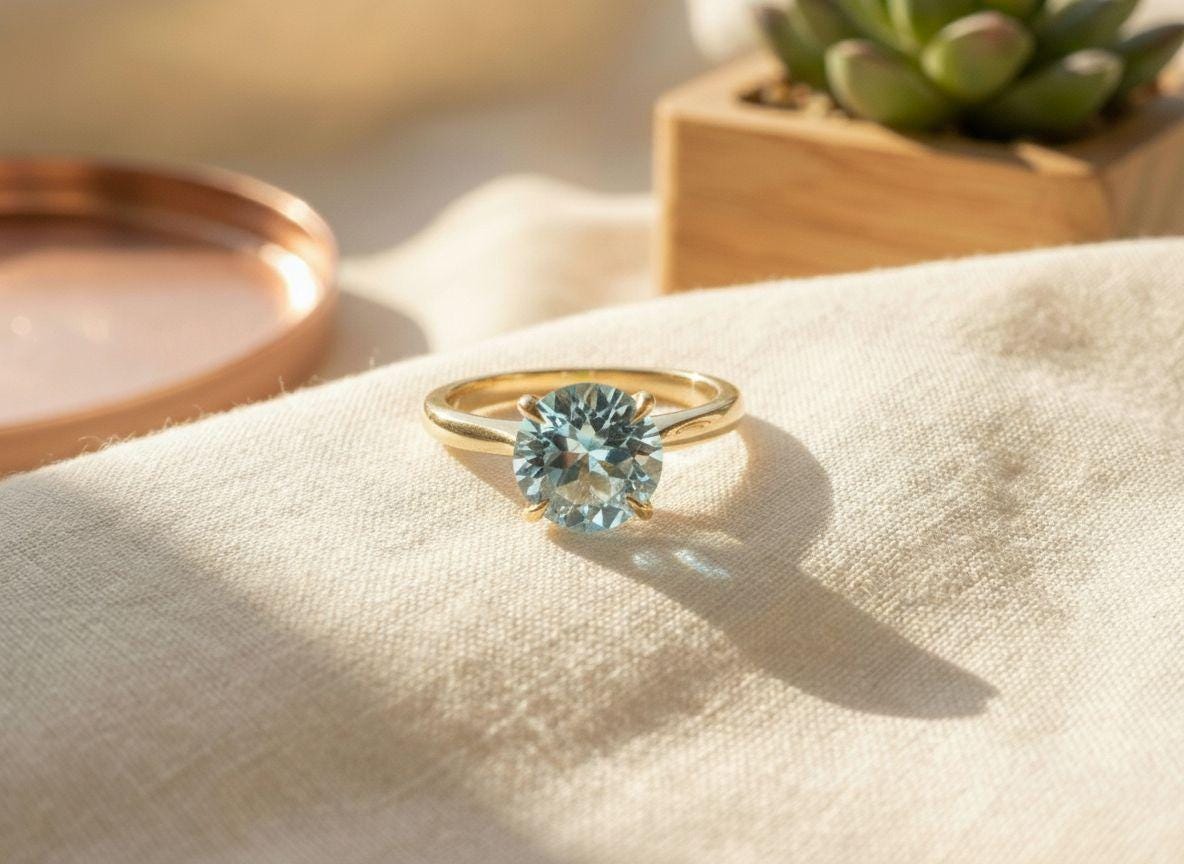 Aquamarine Solitaire Engagement Ring 8mm Round Cut Promise Ring Light Blue Gemstone Custom Ring March Birthstone