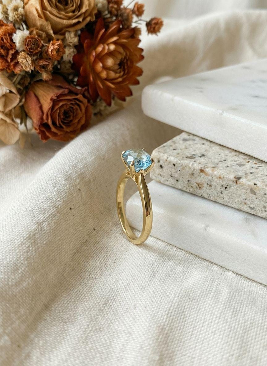 Aquamarine Solitaire Engagement Ring 8mm Round Cut Promise Ring Light Blue Gemstone Custom Ring March Birthstone