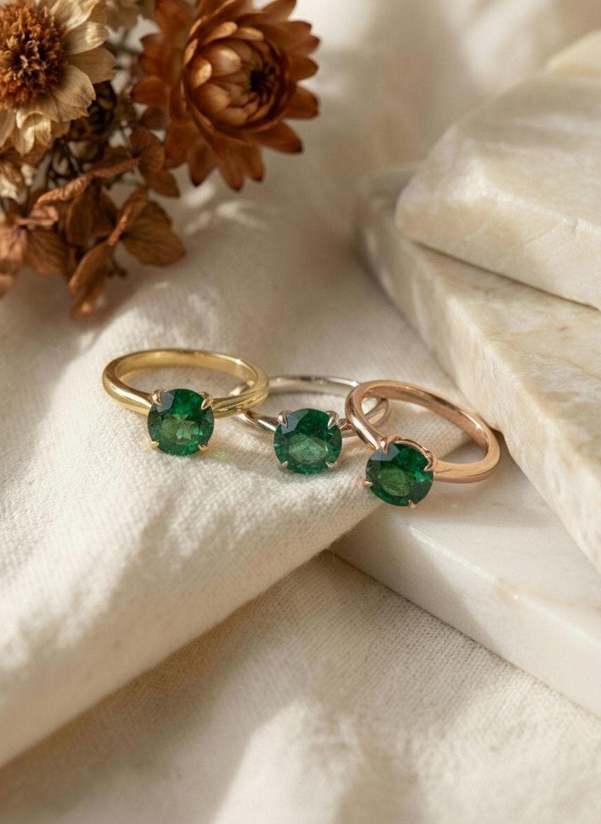 Round Emerald Solitaire Ring 8mm Green Gemstone Engagement Ring May Birthstone Gift Her