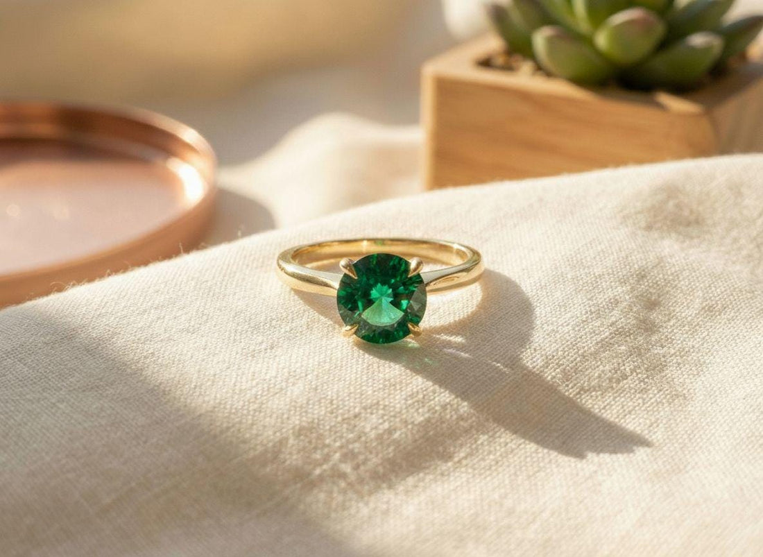 Round Emerald Solitaire Ring 8mm Green Gemstone Engagement Ring May Birthstone Gift Her