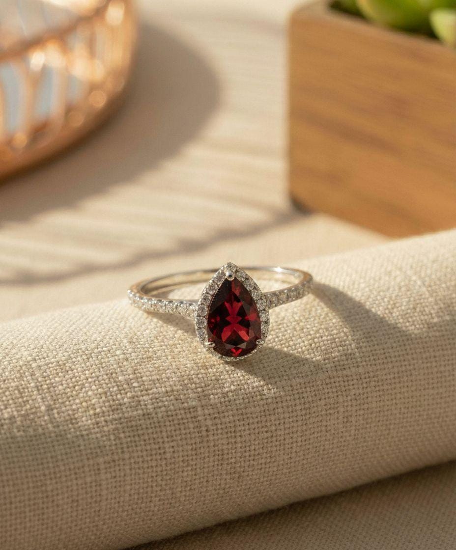 Birthstone Garnet Ring Pear Shaped Halo Engagement Ring Deep Red Gemstone