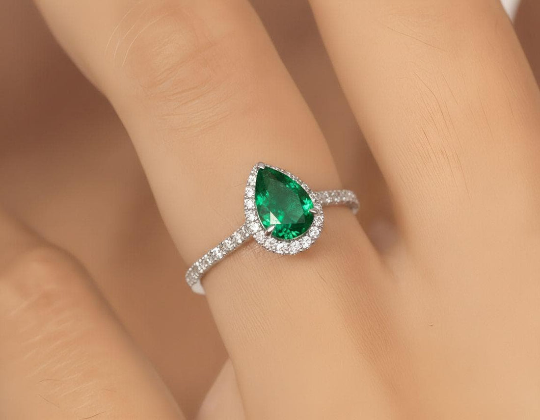 Anniversary Gift Pear Emerald Ring Halo Engagement Ring  14K Gold Promise Ring Bridal Jewelry Gift for Her May Birthstone Gift