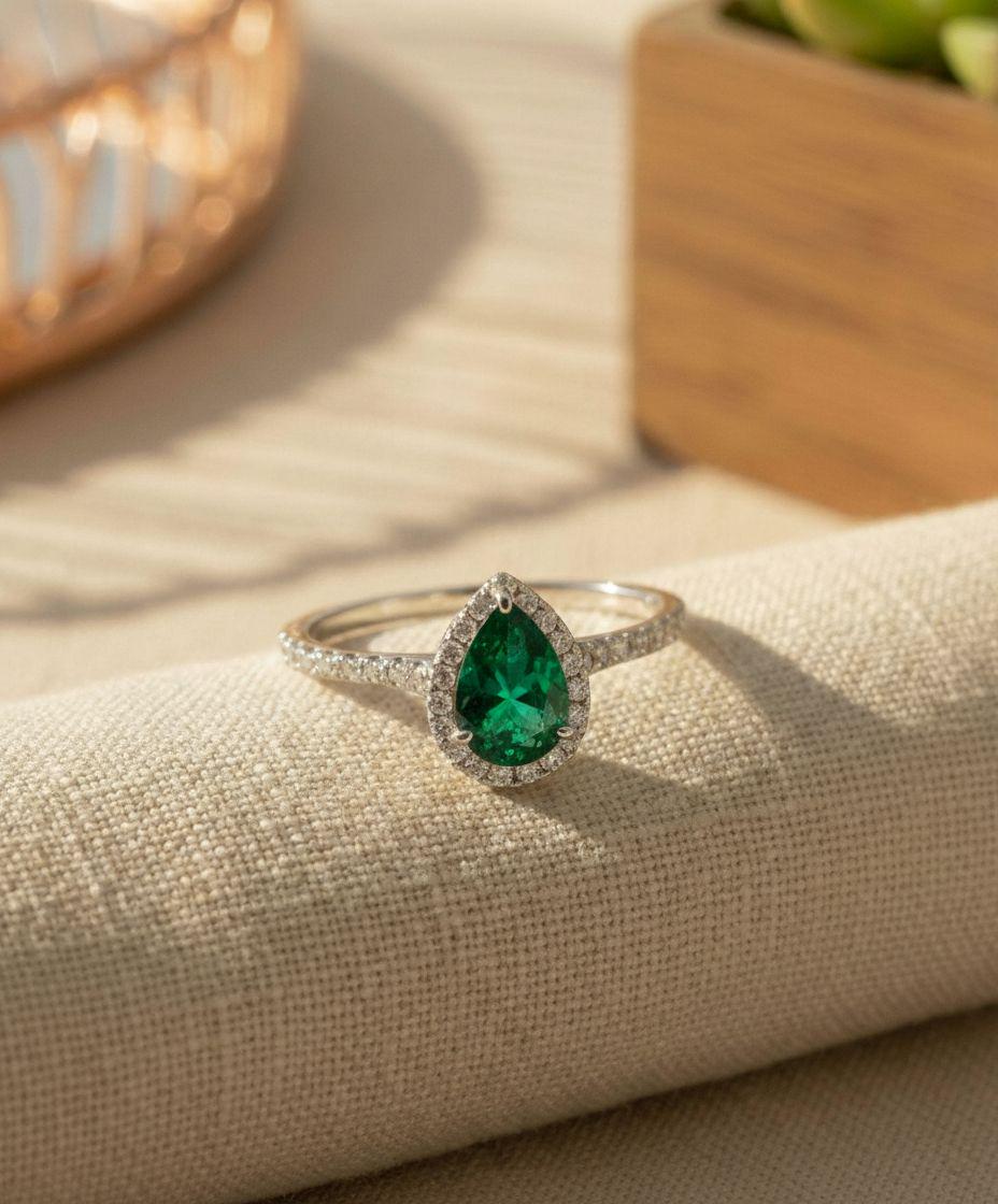 Anniversary Gift Pear Emerald Ring Halo Engagement Ring  14K Gold Promise Ring Bridal Jewelry Gift for Her May Birthstone Gift