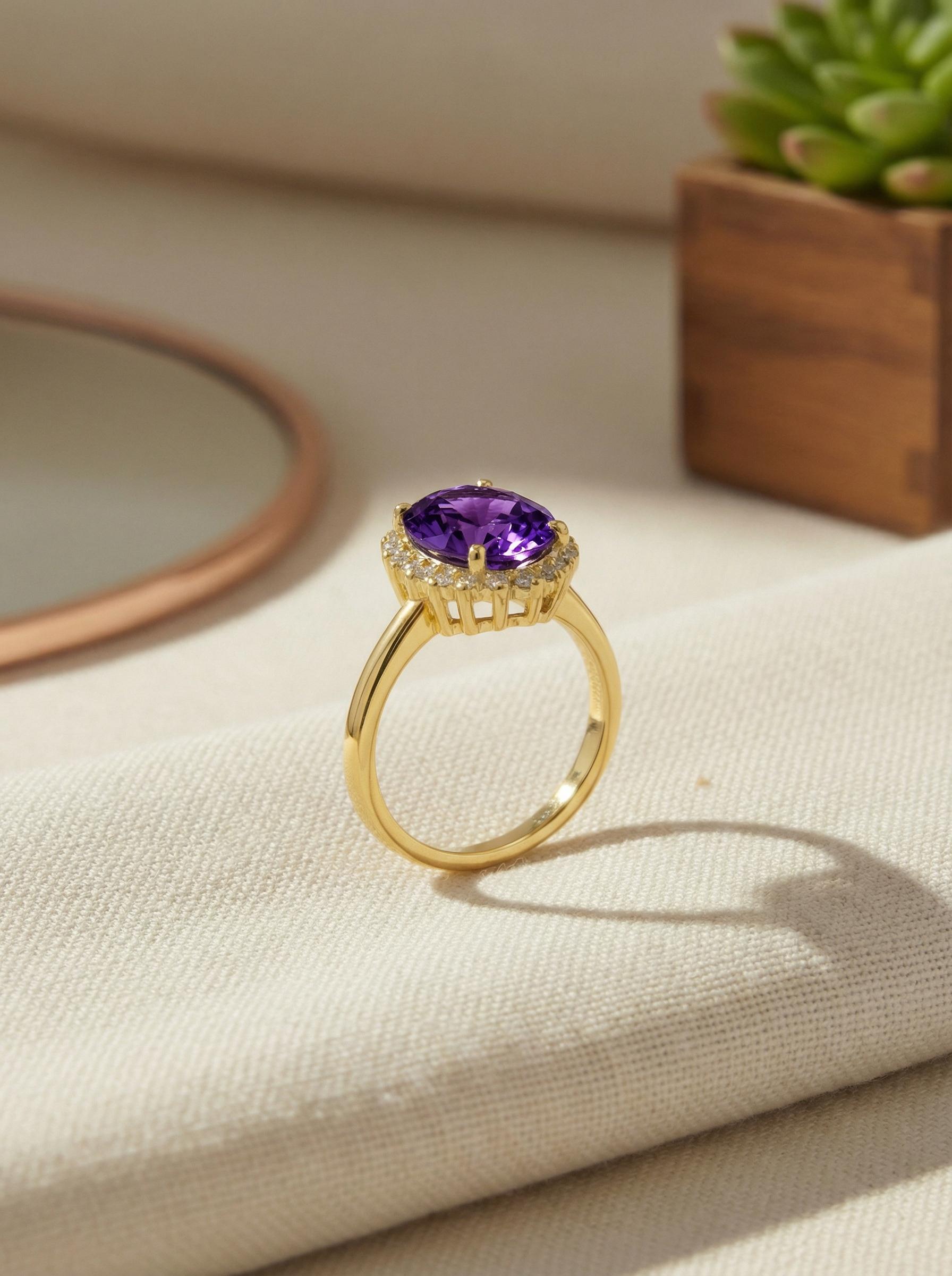 1.25 CT Purple Amethyst Engagement Ring, Amethyst Halo Cluster Oval Ring, February Birthstone Gift, Promise Ring Gift for Women