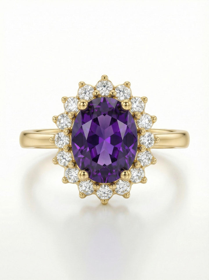 1.25 CT Purple Amethyst Engagement Ring, Amethyst Halo Cluster Oval Ring, February Birthstone Gift, Promise Ring Gift for Women