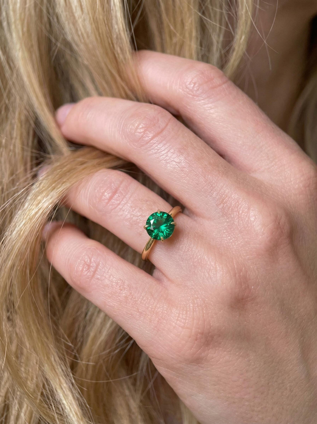 Round Emerald Solitaire Ring 8mm Green Gemstone Engagement Ring May Birthstone Gift Her