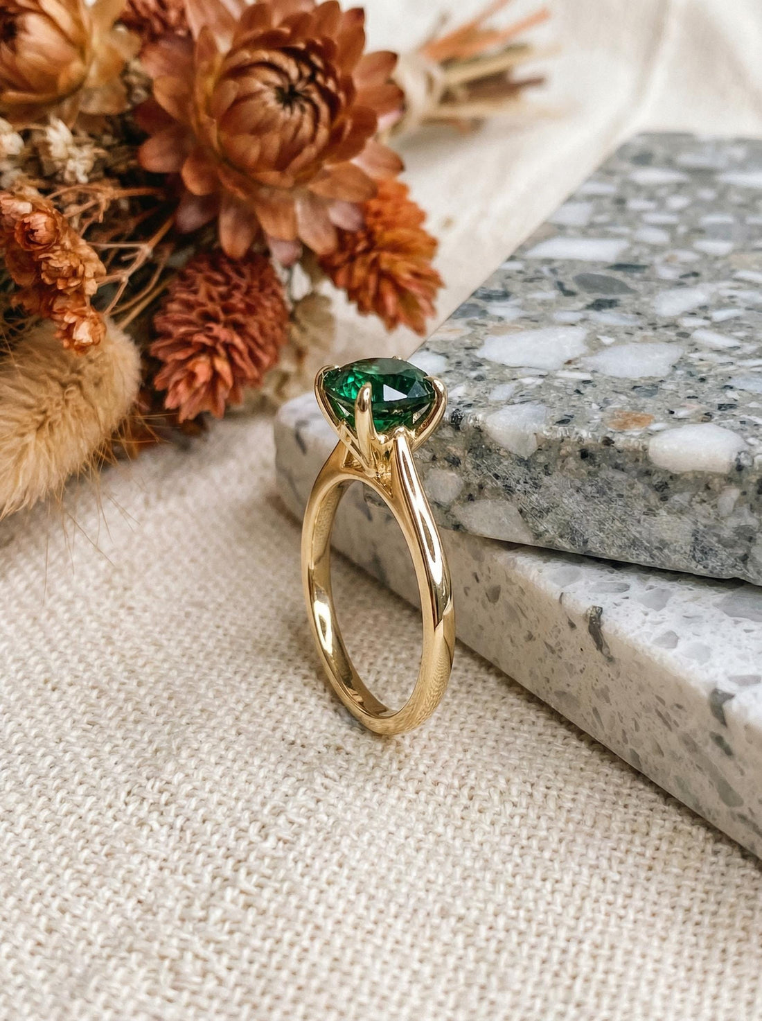 Round Emerald Solitaire Ring 8mm Green Gemstone Engagement Ring May Birthstone Gift Her
