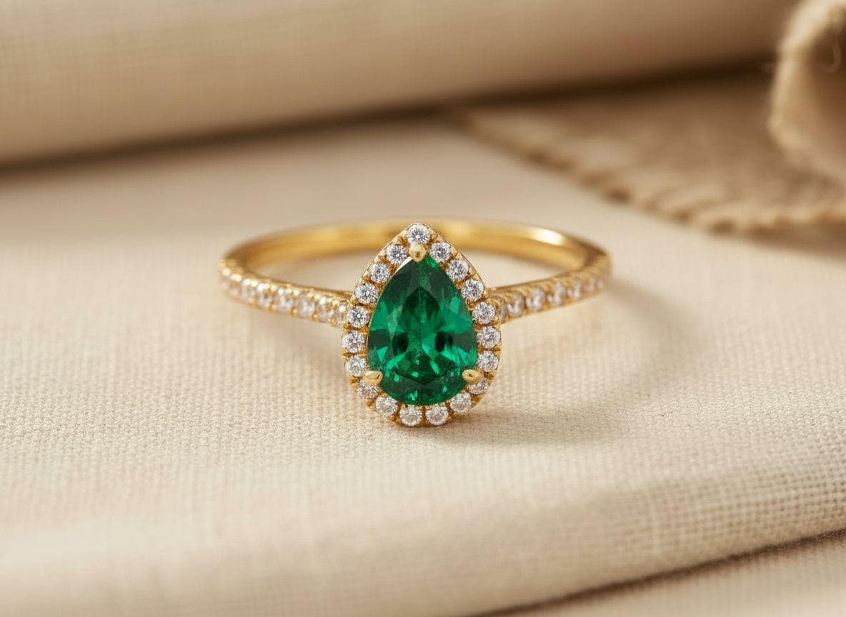 Anniversary Gift Pear Emerald Ring Halo Engagement Ring  14K Gold Promise Ring Bridal Jewelry Gift for Her May Birthstone Gift