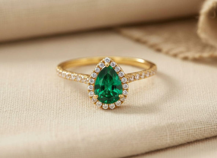 Anniversary Gift Pear Emerald Ring Halo Engagement Ring  14K Gold Promise Ring Bridal Jewelry Gift for Her May Birthstone Gift