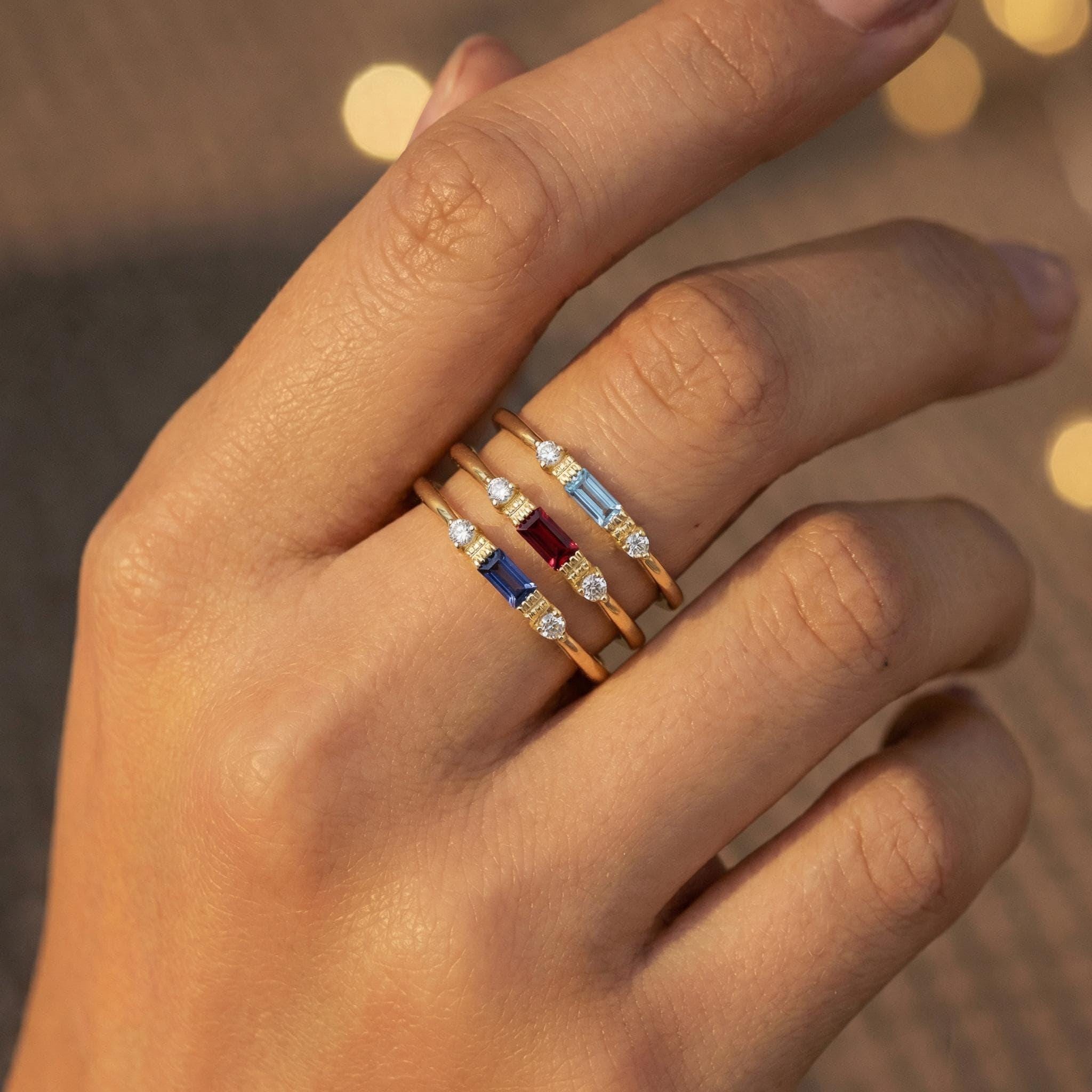 Baguette Sapphire Ring / September Birthstone / Stacking Sapphire and Diamond Ring / Minimalist Ring / In Stock