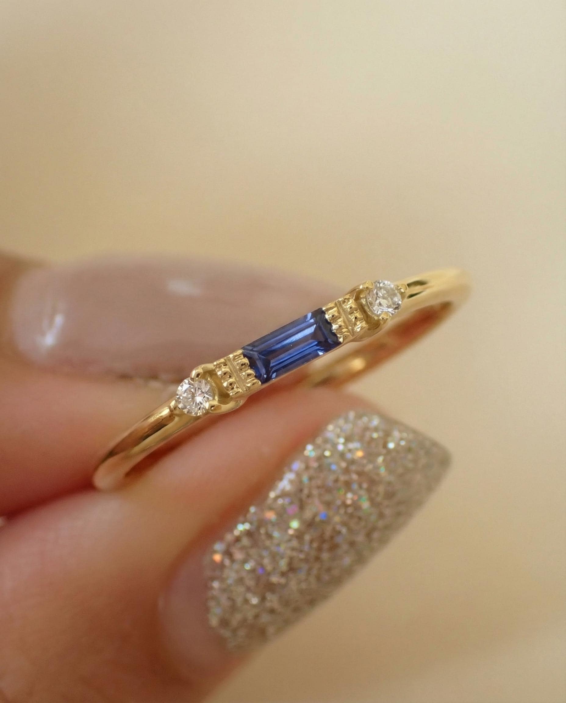Baguette Sapphire Ring / September Birthstone / Stacking Sapphire and Diamond Ring / Minimalist Ring / In Stock