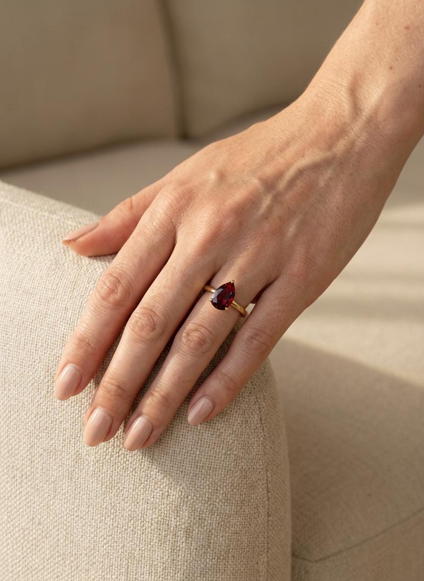 Garnet Birthstone  Ring, Pear Cut Solitaire Engagement Ring, January Gemstone, Teardrop Promise Ring