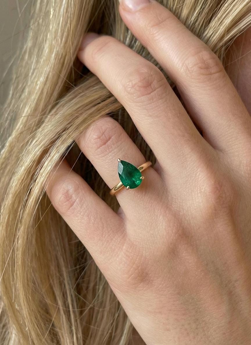 Emerald Birthstone  Ring, Pear Cut Solitaire Engagement Ring, May Gemstone, Teardrop Promise Ring
