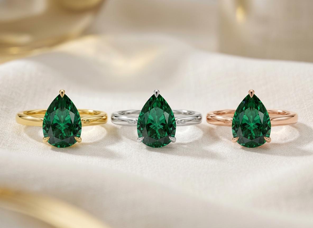 Emerald Birthstone  Ring, Pear Cut Solitaire Engagement Ring, May Gemstone, Teardrop Promise Ring