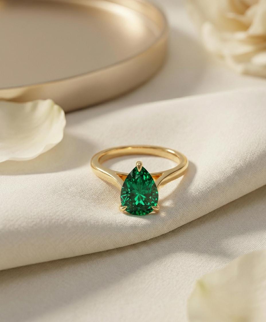 Emerald Birthstone  Ring, Pear Cut Solitaire Engagement Ring, May Gemstone, Teardrop Promise Ring